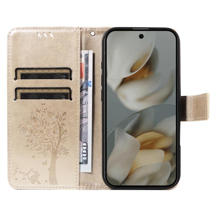 For Google Pixel 10 Pro XL 5G Global Tree & Cat Embossed Pattern Flip Leather Phone Case(Gold) - Google Cases by buy2fix | Online Shopping UK | buy2fix