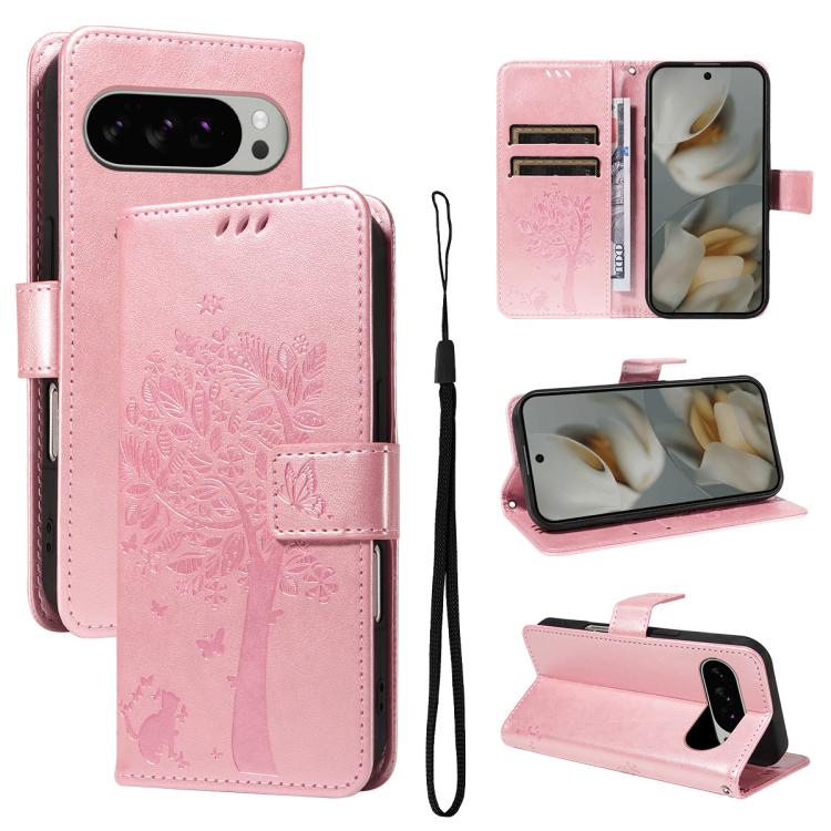 For Google Pixel 10 Pro XL 5G Global Tree & Cat Embossed Pattern Flip Leather Phone Case(Rose Gold) - Google Cases by buy2fix | Online Shopping UK | buy2fix