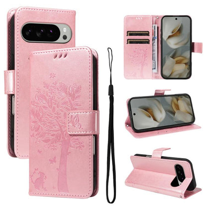 For Google Pixel 10 Pro XL 5G Global Tree & Cat Embossed Pattern Flip Leather Phone Case(Rose Gold) - Google Cases by buy2fix | Online Shopping UK | buy2fix