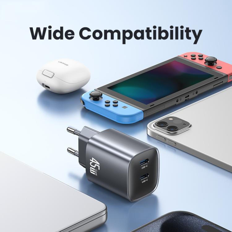 USAMS CC305 T66 45W Dual USB-C / Type-C GaN Fast Charger, EU Plug(Gunmetal) - USB Charger by USAMS | Online Shopping UK | buy2fix