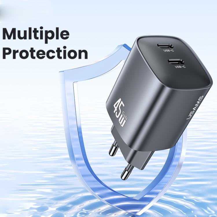 USAMS CC305 T66 45W Dual USB-C / Type-C GaN Fast Charger, EU Plug(Gunmetal) - USB Charger by USAMS | Online Shopping UK | buy2fix