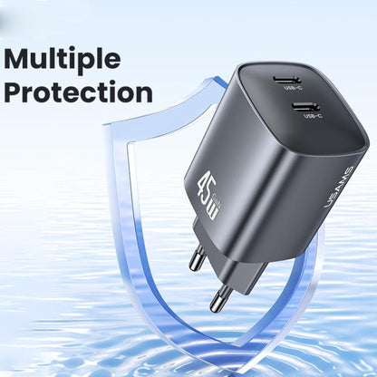 USAMS CC305 T66 45W Dual USB-C / Type-C GaN Fast Charger, EU Plug(Gunmetal) - USB Charger by USAMS | Online Shopping UK | buy2fix