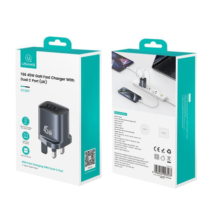 USAMS CC307 T66 45W Dual USB-C / Type-C GaN Fast Charger, UK Plug(Gunmetal) - USB Charger by USAMS | Online Shopping UK | buy2fix