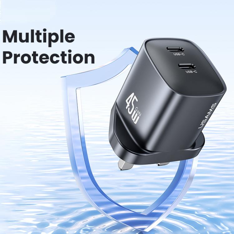 USAMS CC307 T66 45W Dual USB-C / Type-C GaN Fast Charger, UK Plug(Gunmetal) - USB Charger by USAMS | Online Shopping UK | buy2fix