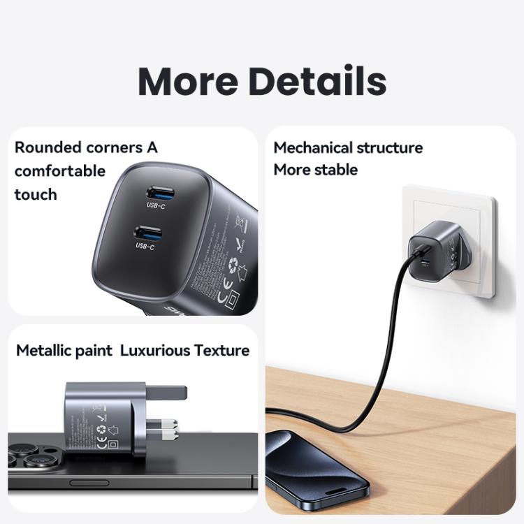 USAMS CC307 T66 45W Dual USB-C / Type-C GaN Fast Charger, UK Plug(Gunmetal) - USB Charger by USAMS | Online Shopping UK | buy2fix