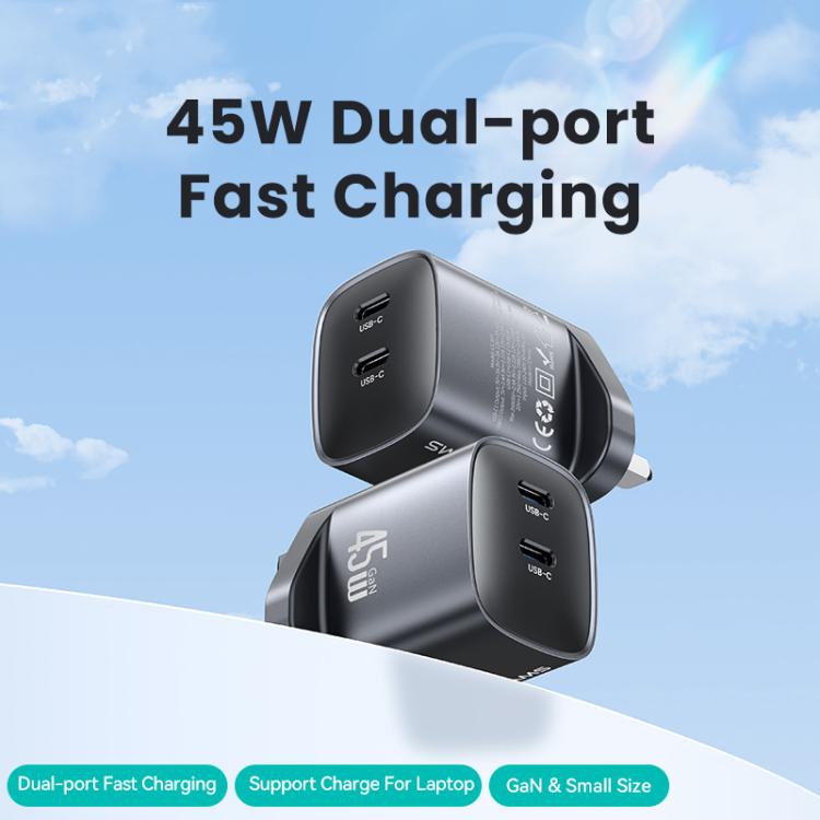 USAMS CC307 T66 45W Dual USB-C / Type-C GaN Fast Charger, UK Plug(Gunmetal) - USB Charger by USAMS | Online Shopping UK | buy2fix