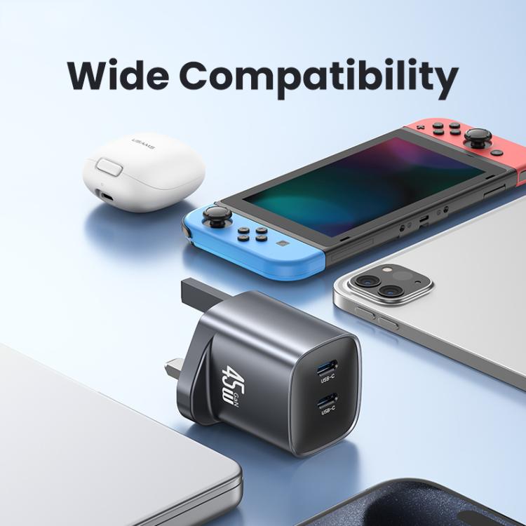 USAMS CC307 T66 45W Dual USB-C / Type-C GaN Fast Charger, UK Plug(Gunmetal) - USB Charger by USAMS | Online Shopping UK | buy2fix