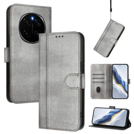 For Honor Magic7 Pro Line Splicing Buckle Retro Leather Phone Case(Grey)