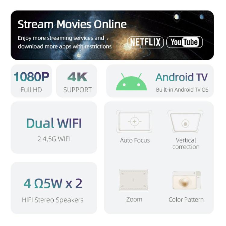 AUN AKEY9S 1080P 1000ANSI Autofocus WIFI Display Smart Projector, EU Plug(Black) - LED Projector by AUN | Online Shopping UK | buy2fix