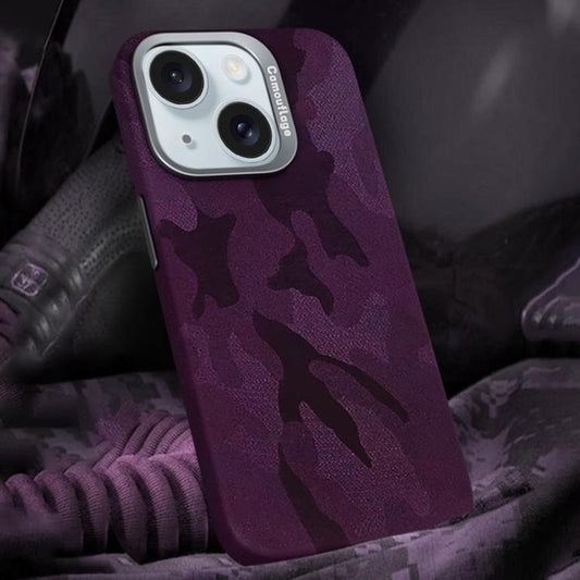 For iPhone 15 Plus Camouflage Leather Metal Frame MagSafe PC Phone Case(Dark Purple) - iPhone 15 Plus Cases by buy2fix | Online Shopping UK | buy2fix