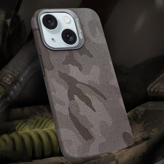 For iPhone 15 Plus Camouflage Leather Metal Frame MagSafe PC Phone Case(Titanium Grey) - iPhone 15 Plus Cases by buy2fix | Online Shopping UK | buy2fix