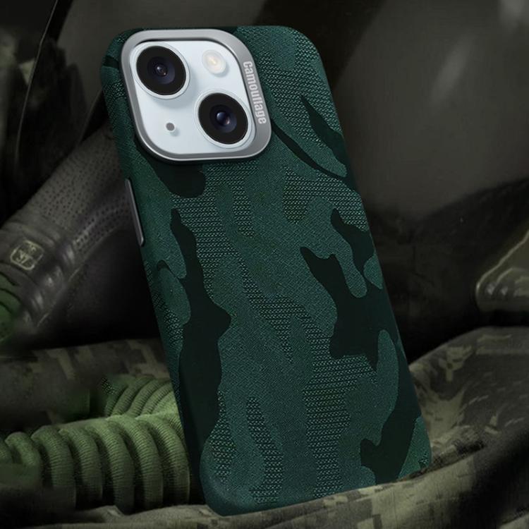 For iPhone 15 Camouflage Leather Metal Frame MagSafe PC Phone Case(Army Green) - iPhone 15 Cases by buy2fix | Online Shopping UK | buy2fix