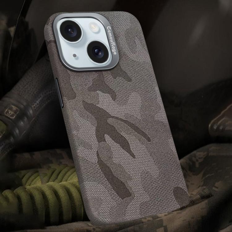 For iPhone 15 Camouflage Leather Metal Frame MagSafe PC Phone Case(Titanium Grey) - iPhone 15 Cases by buy2fix | Online Shopping UK | buy2fix