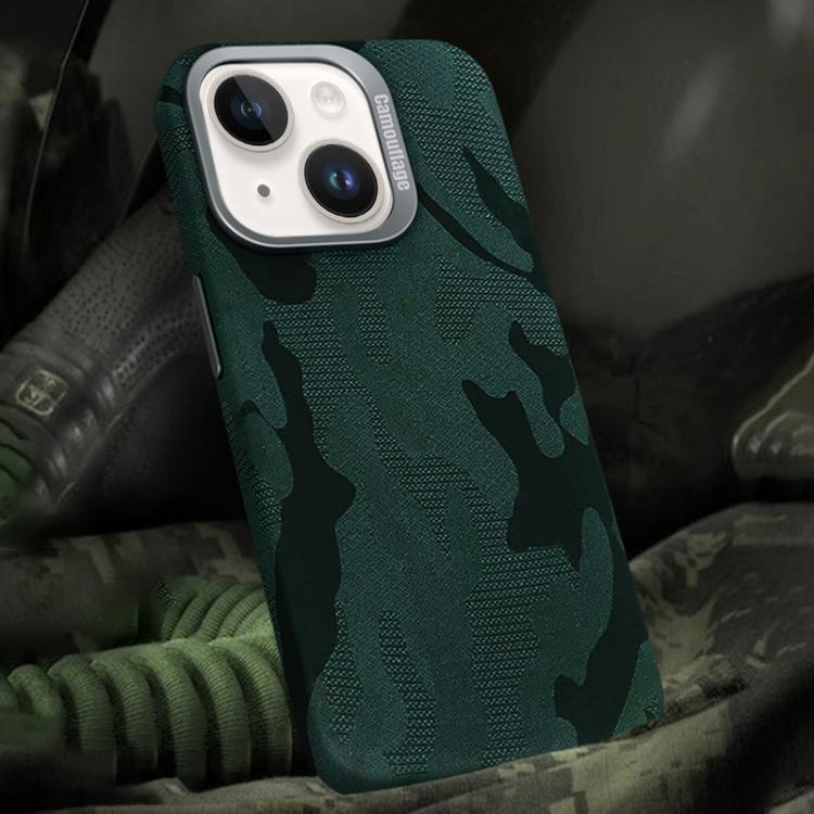 For iPhone 14 Plus Camouflage Leather Metal Frame MagSafe PC Phone Case(Army Green) - iPhone 14 Plus Cases by buy2fix | Online Shopping UK | buy2fix