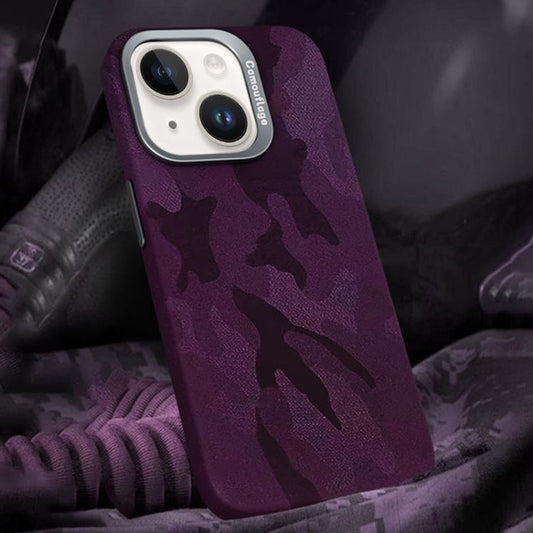 For iPhone 14 Camouflage Leather Metal Frame MagSafe PC Phone Case(Dark Purple) - iPhone 14 Cases by buy2fix | Online Shopping UK | buy2fix