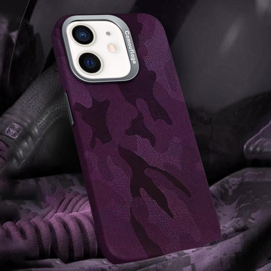 For iPhone 12 / 12 Pro Camouflage Leather Metal Frame MagSafe PC Phone Case(Dark Purple) - iPhone 12 / 12 Pro Cases by buy2fix | Online Shopping UK | buy2fix