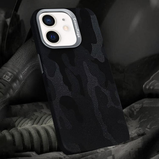 For iPhone 12 / 12 Pro Camouflage Leather Metal Frame MagSafe PC Phone Case(Black) - iPhone 12 / 12 Pro Cases by buy2fix | Online Shopping UK | buy2fix