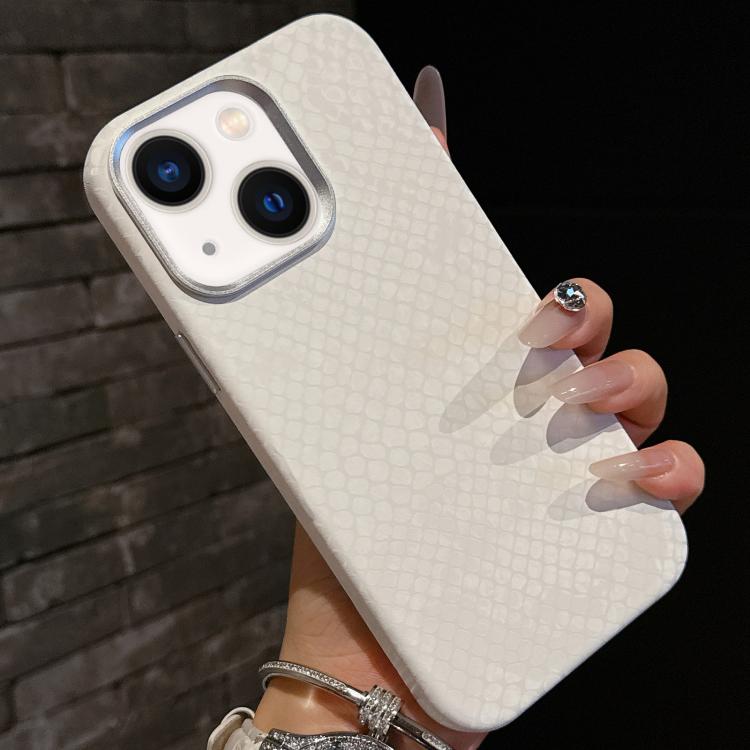 For iPhone 15 Plain Leather Snake Texture PC MagSafe Phone Case(White) - iPhone 15 Cases by buy2fix | Online Shopping UK | buy2fix