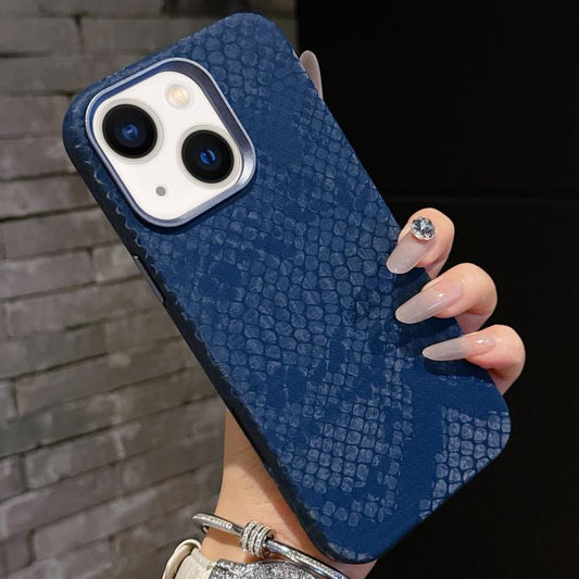 For iPhone 15 Plain Leather Snake Texture PC MagSafe Phone Case(Blue) - iPhone 15 Cases by buy2fix | Online Shopping UK | buy2fix
