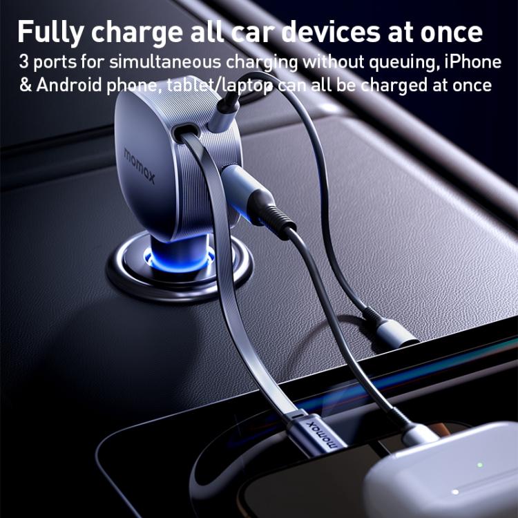 MOMAX UC19 60W 3 in 1 Car Charger with Retractable Cable(Dark Grey) - Car Charger by MOMAX | Online Shopping UK | buy2fix