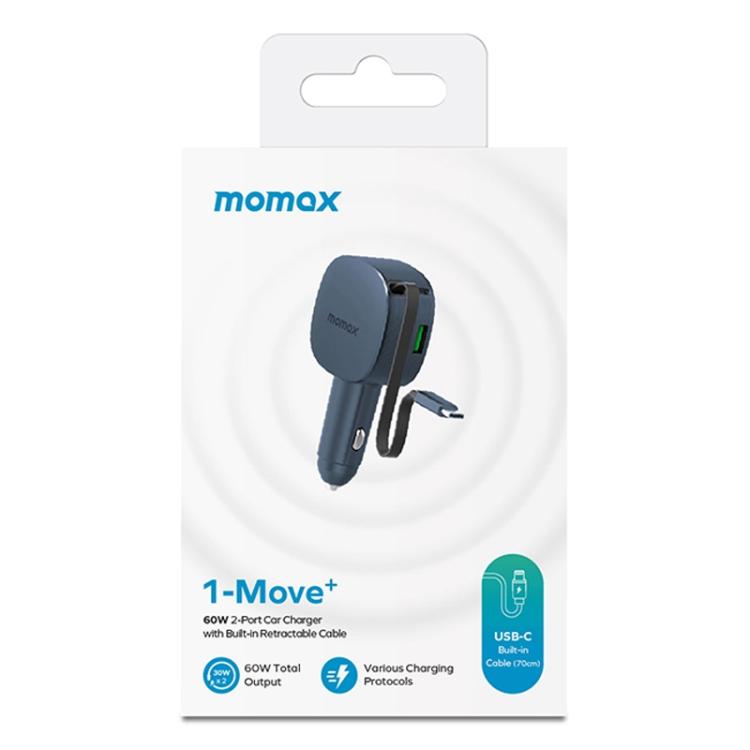 MOMAX UC19 60W 3 in 1 Car Charger with Retractable Cable(Dark Grey) - Car Charger by MOMAX | Online Shopping UK | buy2fix