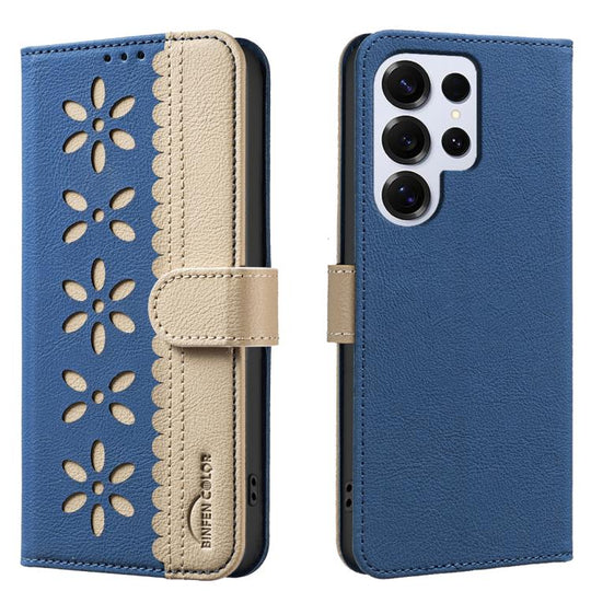 For Samsung Galaxy S24 Ultra 5G Splicing Color Hollow Flower Pattern RFID Leather Phone Case(Dark Blue)