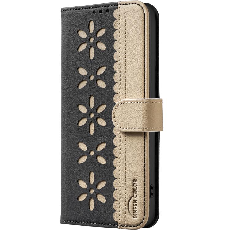 For iPhone Air Splicing Color Hollow Flower Pattern RFID Leather Phone Case(Black) - iPhone Air Cases by buy2fix | Online Shopping UK | buy2fix