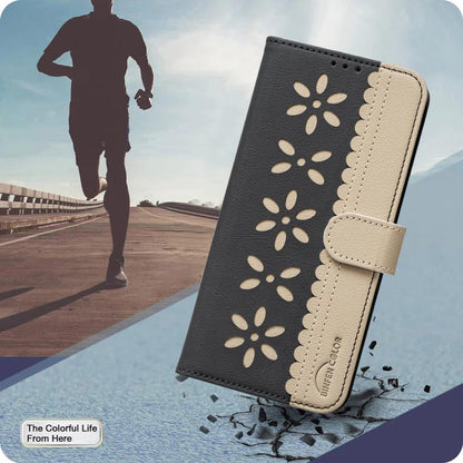 For iPhone Air Splicing Color Hollow Flower Pattern RFID Leather Phone Case(Black) - iPhone Air Cases by buy2fix | Online Shopping UK | buy2fix