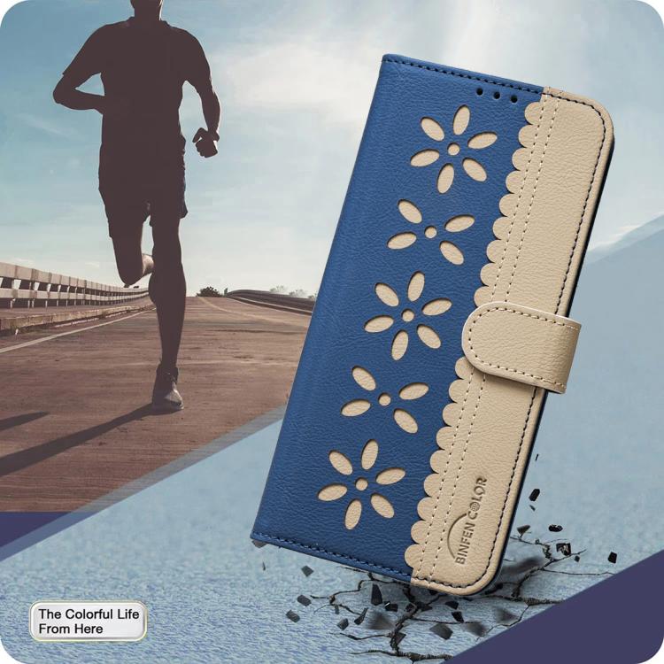 For iPhone Air Splicing Color Hollow Flower Pattern RFID Leather Phone Case(Dark Blue) - iPhone Air Cases by buy2fix | Online Shopping UK | buy2fix