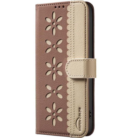 For iPhone Air Splicing Color Hollow Flower Pattern RFID Leather Phone Case(Brown) - iPhone Air Cases by buy2fix | Online Shopping UK | buy2fix