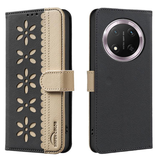 For Honor X9C / Magic7 Lite Splicing Color Hollow Flower Pattern RFID Leather Phone Case(Black)