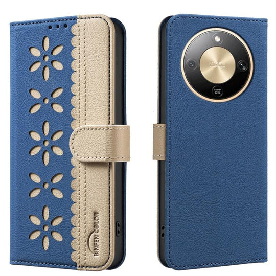 For Honor X9d 5G / X70 5G Splicing Color Hollow Flower Pattern RFID Leather Phone Case(Dark Blue)