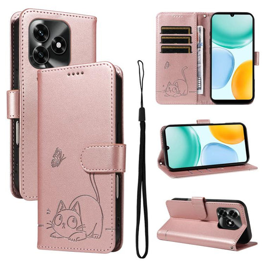 For Honor X5c Plus Adorable Cat Embossed Pattern Flip Leather Phone Case(Rose Gold)