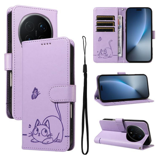 For Honor Magic8 Pro Adorable Cat Embossed Pattern Flip Leather Phone Case(Purple)