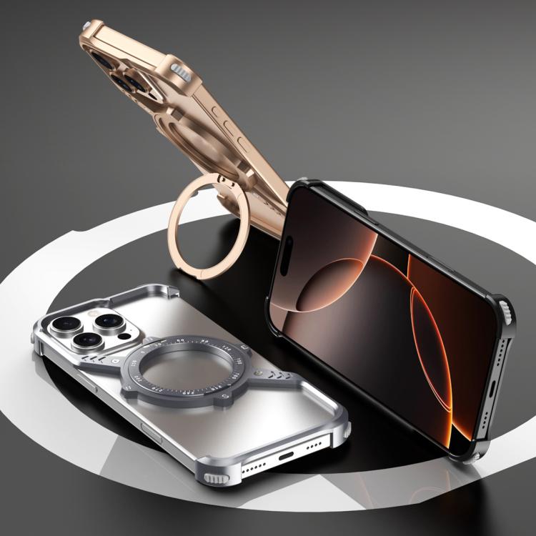 For iPhone 13 S Shaped 360 Holder Airbag Frameless MagSafe Metal Phone Case(Desert Gold) - iPhone 13 Cases by buy2fix | Online Shopping UK | buy2fix