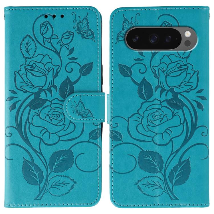 For Google Pixel 10 Pro XL Rose Butterfly Embossed Leather Phone Case(Blue) - Google Cases by buy2fix | Online Shopping UK | buy2fix