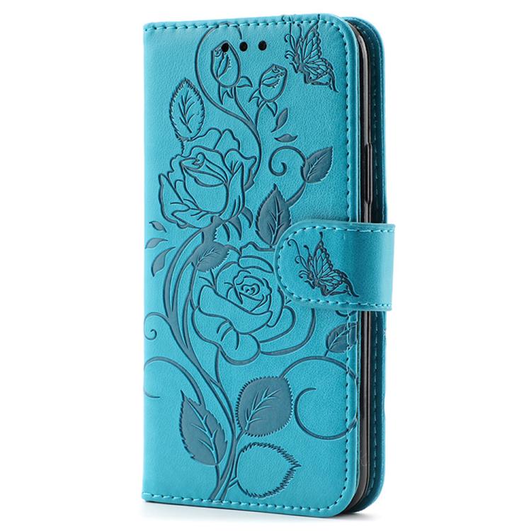 For Google Pixel 10 Pro XL Rose Butterfly Embossed Leather Phone Case(Blue) - Google Cases by buy2fix | Online Shopping UK | buy2fix