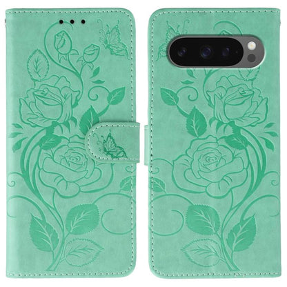 For Google Pixel 10 Pro XL Rose Butterfly Embossed Leather Phone Case(Green) - Google Cases by buy2fix | Online Shopping UK | buy2fix