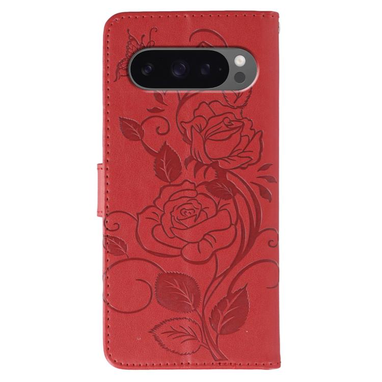 For Google Pixel 10 Pro XL Rose Butterfly Embossed Leather Phone Case(Red) - Google Cases by buy2fix | Online Shopping UK | buy2fix