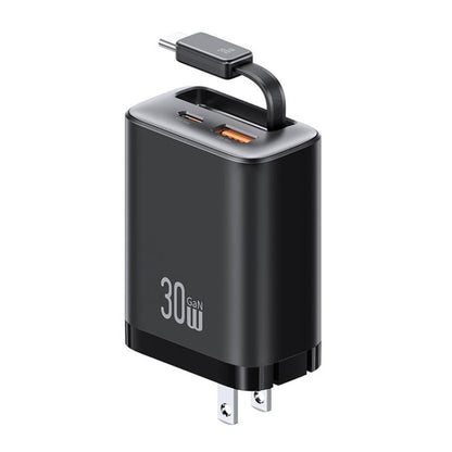 USAMS CC297 30W Fast Charger With Retractable USB-C / Type-C Cable, US Plug(Black) - USB Charger by USAMS | Online Shopping UK | buy2fix