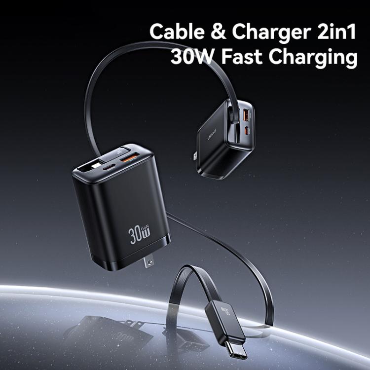 USAMS CC297 30W Fast Charger With Retractable USB-C / Type-C Cable, US Plug(Black) - USB Charger by USAMS | Online Shopping UK | buy2fix