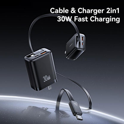 USAMS CC297 30W Fast Charger With Retractable USB-C / Type-C Cable, US Plug(Black) - USB Charger by USAMS | Online Shopping UK | buy2fix