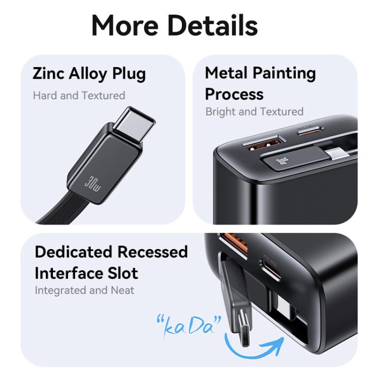USAMS CC297 30W Fast Charger With Retractable USB-C / Type-C Cable, US Plug(Black) - USB Charger by USAMS | Online Shopping UK | buy2fix