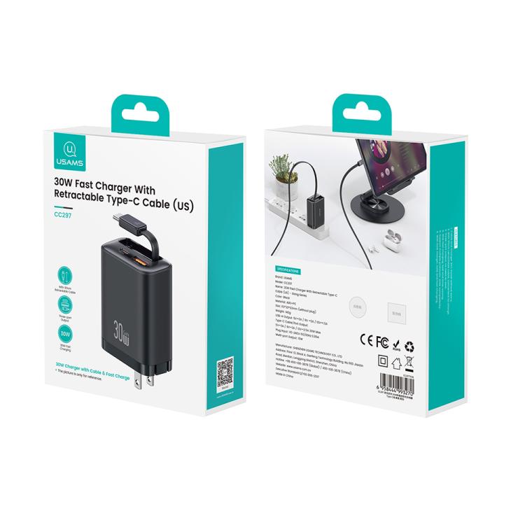 USAMS CC297 30W Fast Charger With Retractable USB-C / Type-C Cable, US Plug(White) - USB Charger by USAMS | Online Shopping UK | buy2fix