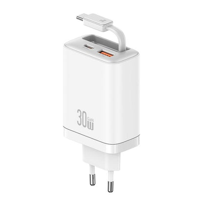 USAMS CC296 30W Fast Charger With Retractable USB-C / Type-C Cable, EU Plug(White) - USB Charger by USAMS | Online Shopping UK | buy2fix