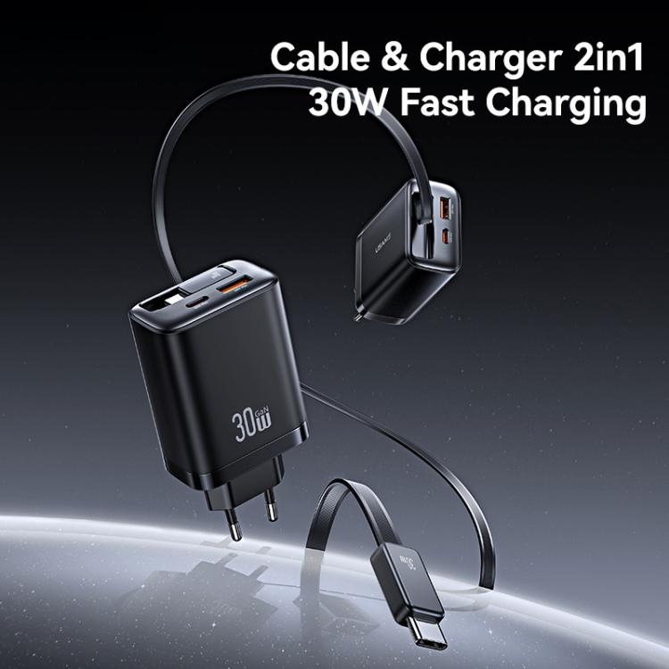 USAMS CC296 30W Fast Charger With Retractable USB-C / Type-C Cable, EU Plug(White) - USB Charger by USAMS | Online Shopping UK | buy2fix