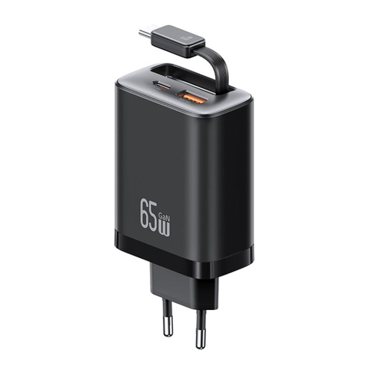 USAMS CC299 65W Fast Charger With Retractable USB-C / Type-C Cable, EU Plug(Black) - USB Charger by USAMS | Online Shopping UK | buy2fix