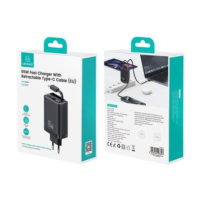 USAMS CC299 65W Fast Charger With Retractable USB-C / Type-C Cable, EU Plug(Black) - USB Charger by USAMS | Online Shopping UK | buy2fix