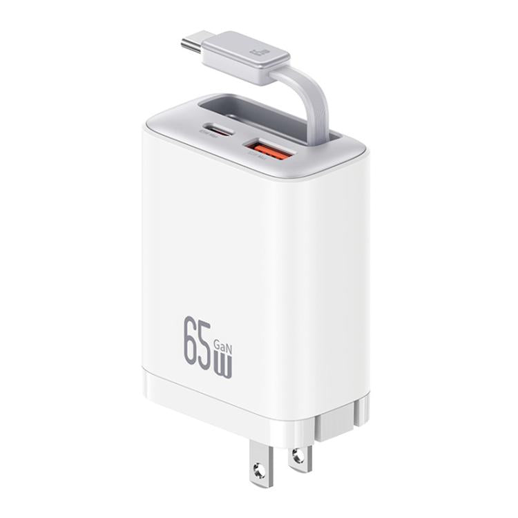 USAMS CC300 65W Fast Charger With Retractable USB-C / Type-C Cable, US Plug(White) - USB Charger by USAMS | Online Shopping UK | buy2fix