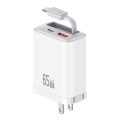 USAMS CC300 65W Fast Charger With Retractable USB-C / Type-C Cable, US Plug(White) - USB Charger by USAMS | Online Shopping UK | buy2fix